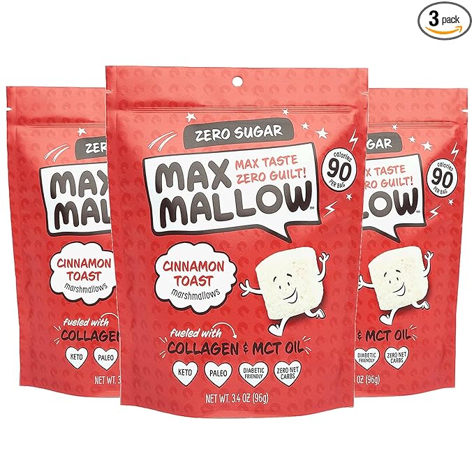 Max Mallow Sugar Free Marshmallows - Keto Friendly, Perfect for S'mores, Hot Chocolate, and Baking with Zero Sugar Snacks, Smores Mct Oil Zero Sugar Marshmellow Marshmallow Cinnamon Toast, 3 Pack