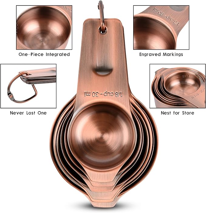 Copper Measuring Cups Set 7, Stainless Steel Set for Kitchen & Baking, Meteor Metric & US Cups With 2/3 & 3/4 Measure for Dry & Liquid Ingredients