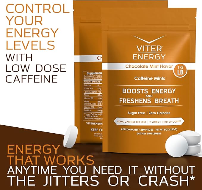 Viter Energy 40mg Caffeine Mints - Sugar Free, B Vitamins, Vegan, Boosts Fast Energized Alert Focus, Caffeinated Nootropic Supplement Pills (Chocolate Mint Flavor, 8oz, Bulk Bag)