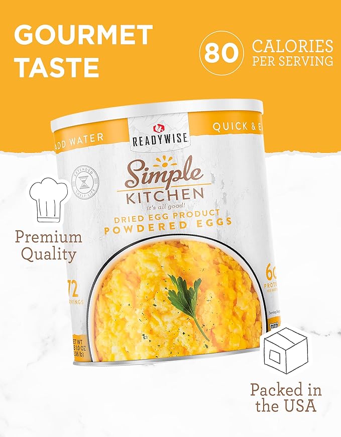 READYWISE - Simple Kitchen, Powdered Eggs, 72 Servings, Emergency Supply, Dehydrated Food, Baking Supplies, Camping Meals, Survival Food, 10 Can Egg Powder, Dehydrated Eggs Powder