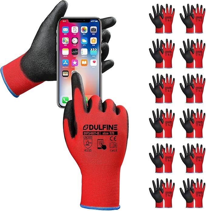 DULFINE Safety Work Gloves PU Coated for Men and Women-12 Pairs,Red Seamless Knit Glove with Two Fingers Touchscreen,Ideal for General Duty Work (Small)