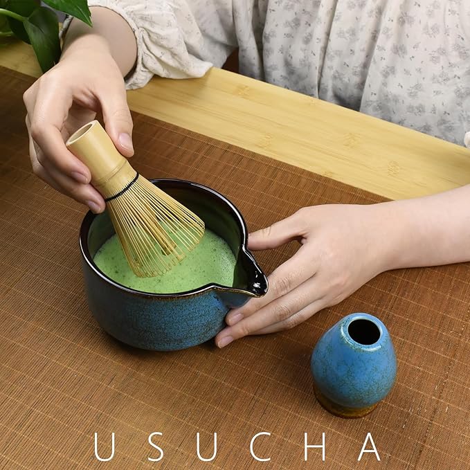 Artcome 4 Pcs Complete Matcha Tea Ceremony Kit for Japanese Tea Ceremony, Bowl with Pouring Spout, Whisk, Whisk Holder, Tea Scoop, Matcha Tea Set For Making Usucha, Koicha and Matcha Latte (Sapphire)