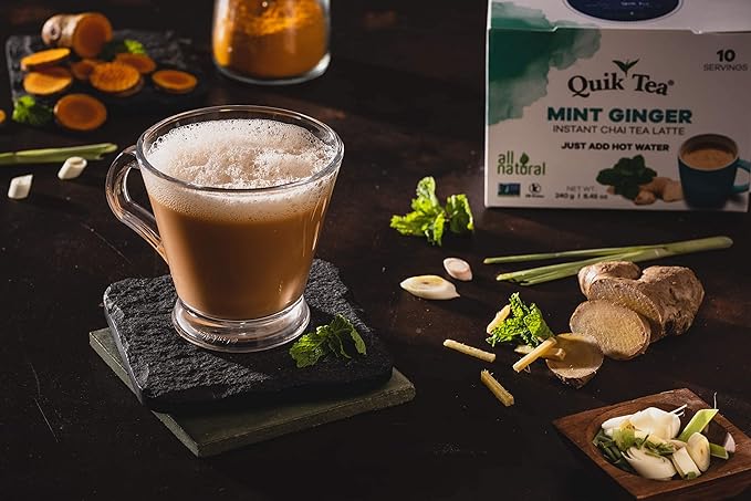 QuikTea Turmeric Ginger Unsweetened Chai Tea Latte – 10 Count, Bold Turmeric Ginger Flavor, no preservatives, No Sugar Added – Just Add Hot Water
