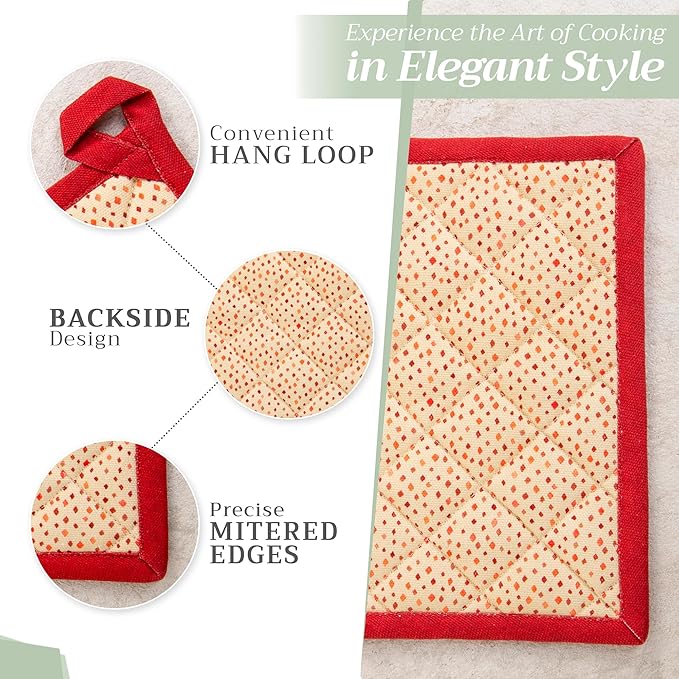 Maison d' Hermine 100% Cotton Oven Mitt & Pot Holder Set (7.5"x13" & 8"x8") Heat Resistant BBQ Cooking Gloves with Loop, Baking, Grilling, Kitchen, Handling Hot Pans (Kalahari)