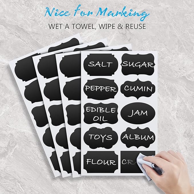 Chalkboard Labels - 180pcs Waterproof Reusable Blackboard Stickers with 2 Free Erasable White Chalk Marker, Mini Decorative Chalk Labels for Jars Containers Kitchen Home Pantry Office