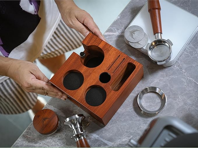 58mm Gaggia Espresso Accessories Kit –Rosewood Naked Portafilter, Auto-Level Espresso Press, Ground Distribution Tool, Wooden Barista Holder & Coffee Puck Knock Bin