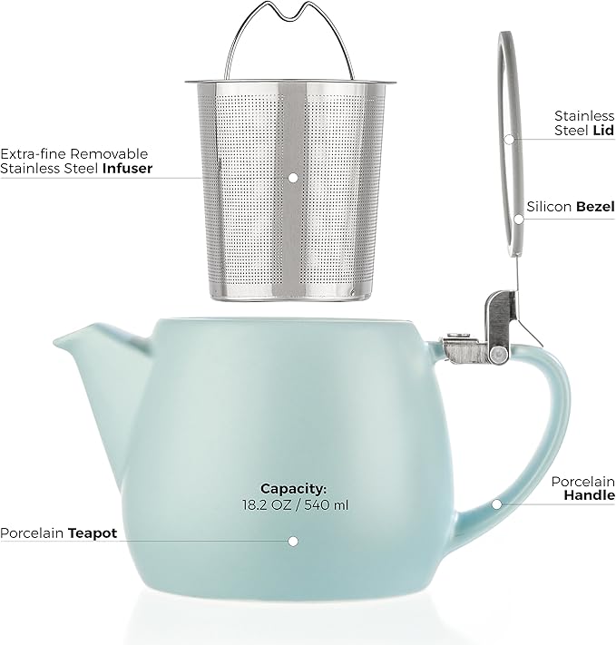 Tealyra - Pluto Porcelain Small Teapot Turquoise - 18.2-ounce (1-2 cups) - Matte Finish - Stainless Steel Lid and Extra-Fine Infuser To Brew Loose Leaf Tea - 540ml