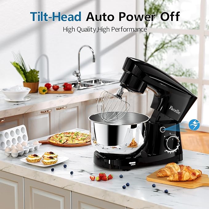 Facelle Stand Mixer, 10-Speed 6QT Kitchen Electric Mixer, Tilt-Head Food mixer with Beater, Dough Hook, Wire Whip and Egg Separator, scraper for Most Home Cooks - Black