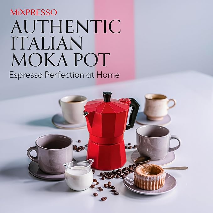 Mixpresso Red 3 Cup Moka Pot Cuban Coffee Maker, Moka Pot for Gas, Electric Stove Top, Classic Italian Coffee Maker, Stovetop Espresso Maker, Camping Pot Makes 3 Espresso Cup 5 Oz