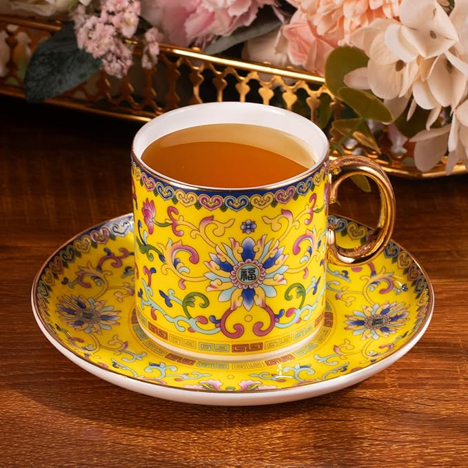 KAMMAK Tea Cups and Saucers Set of 2, Porcelain Coffee Cups with Saucer for Espresso, Cappuccino, 7oz Vintage Yellow and Blue Ceramic Demitasse Mug for Home, Tea Party, Office