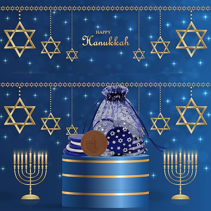 The Dreidel Company Blue & Silver Hanukkah Milk Chocolate Coins, Hanukkah Design Gelt, Gluten Free, Non GMO, Kosher Certified OU-D (25-Pack)