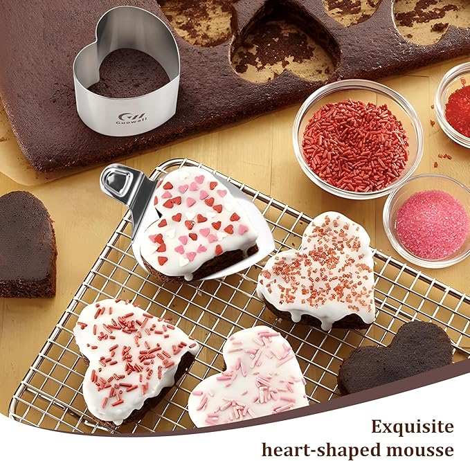 Guowall Heart Shaped Seamless Cake Ring, 3 inch Mousse Mold for Baking, Nonstick Stainless Steel Heart Dessert Mould Set, Includes 1 lifter, 1 pusher and 6 rings