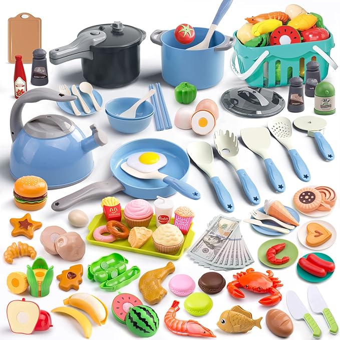130Pcs Kitchen Playset, Toddler Pretend Cooking Play Pots, Pans, Utensils Cookware, Daily Food Fruit Veges, Shopping Storage Basket, Dessert, Prop Money, Learning Gift for Child (Blue)