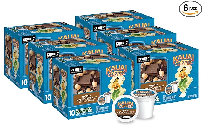 Kauai Coffee Mocha Macadamia Nut Flavor - Compatible with K-Cup Brewers, 10 CT (Pack of 6)