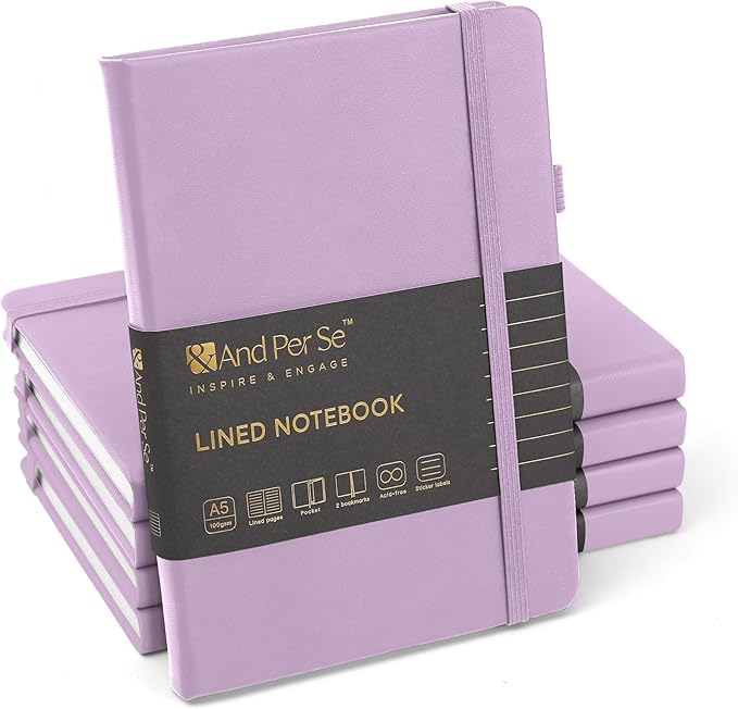 &And Per Se Lined Journal Notebook (5 Packs), 160 Pages, A5 5.7 x 8 inches College Ruled Thick Paper Notebook Journals for Writing, Hardcover Notebooks for Women Men Office School (Lavender)