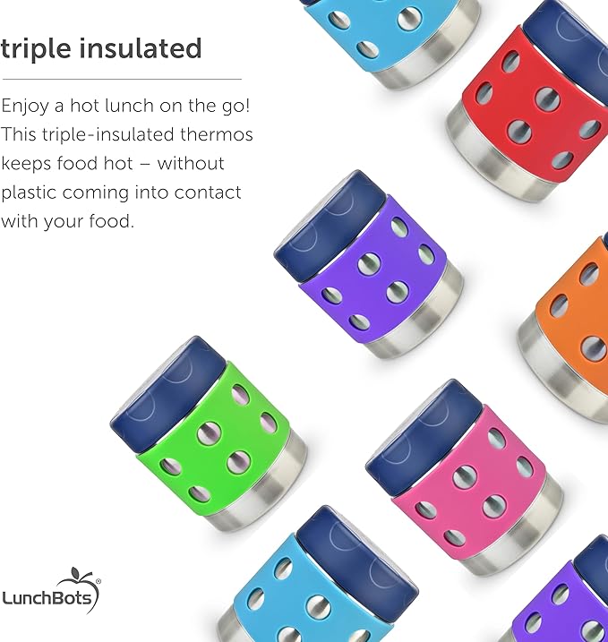 LunchBots Thermal 8 oz Triple Insulated Thermos - Hot 6 Hours or Cold 12 Hours - Leak Proof Thermos Soup Jar - All Stainless Interior - Navy Lid - Green Dots