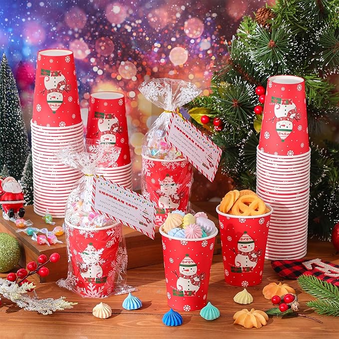 100 Sets Christmas Snowman Soup Kits for Classroom Coworker Gift 12 Oz Winter Snowman Paper Cups for Hot Cocoa Chocolate Marshmallow Soup Tags Clear Xmas Bags (Vibrant)