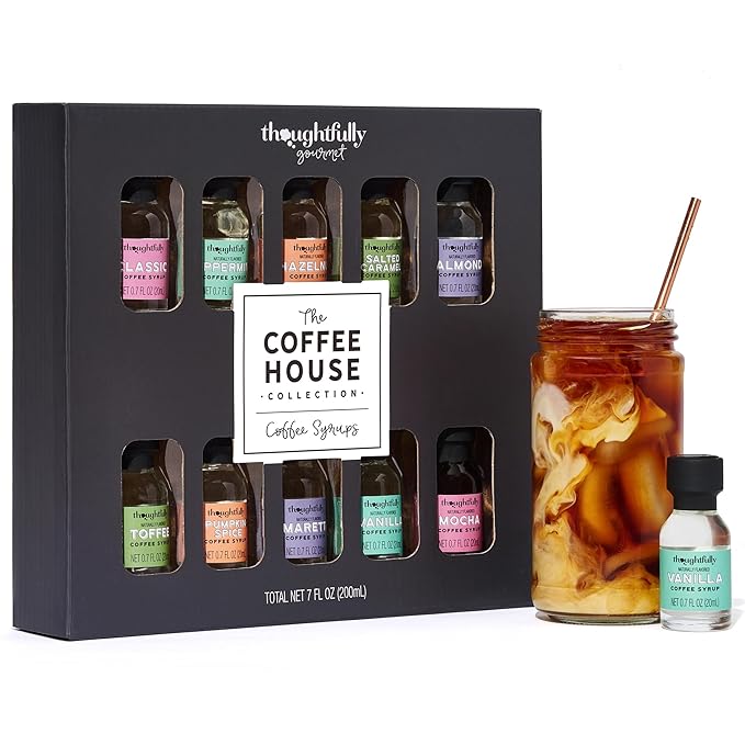 Thoughtfully Gourmet, Coffee Syrup Sampler Gift Set, Syrup Flavors Include Salted Caramel, Vanilla, Mocha, Hazelnut, Pumpkin Spice, & More, Set of 10