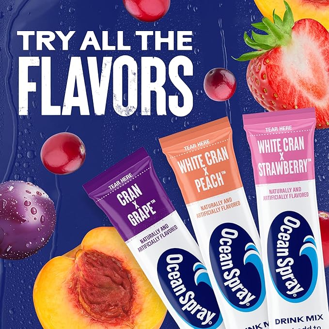 Ocean Spray® White Cran-Strawberry™ Zero Sugar Powder Drink Mix Packets with Real Cranberry Juice Powder, 100% Vitamin C, No Synthetic Dyes, Juicy Mixes (40ct)