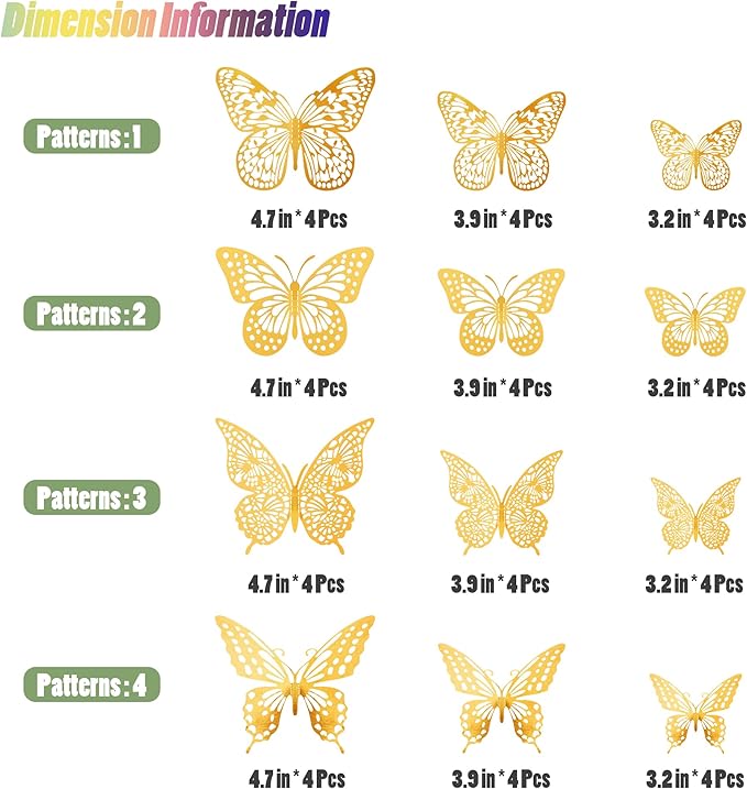 SAOROPEB 3D Butterfly Wall Decor - 48 Pcs, 4 Styles, 3 Sizes, Gold Butterfly Decorations for Birthday & Party Celebrations, Removable Stickers