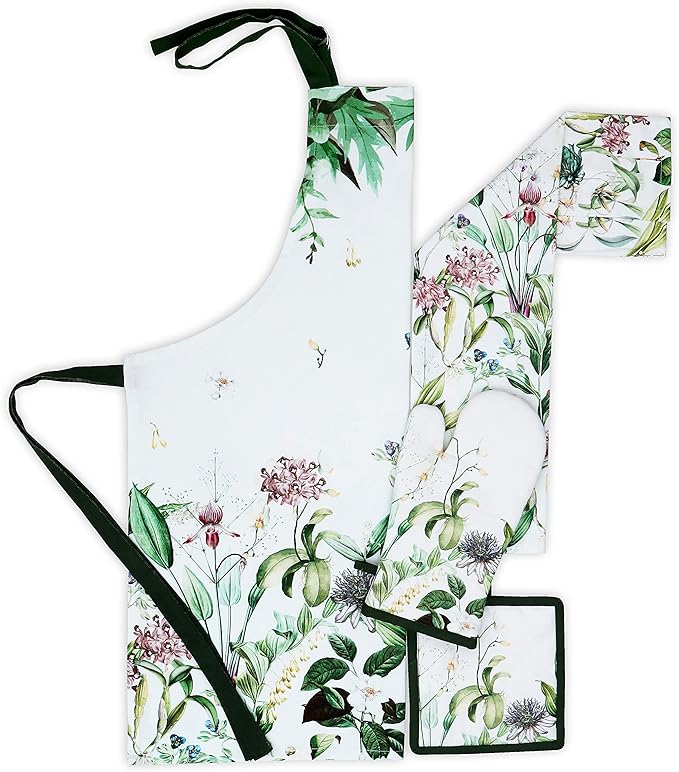AMOUR INFINI Cotton kitchen Aprons with Adjustable Strap & Waist Ties for Baking Cooking Gardening Spring Apron (Floral Shrubs- 27.5 x 33 Inches)