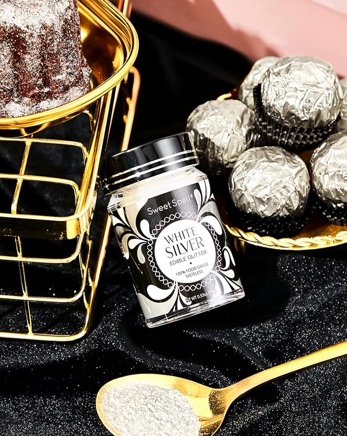 Sweet Spell Edible Glitter (15g) - Shimmer Sparkles for Drinks, Cakes, Cocktails - 100% Edible & Food Grade Glitter, Vegan, Gluten-Free (White Silver)