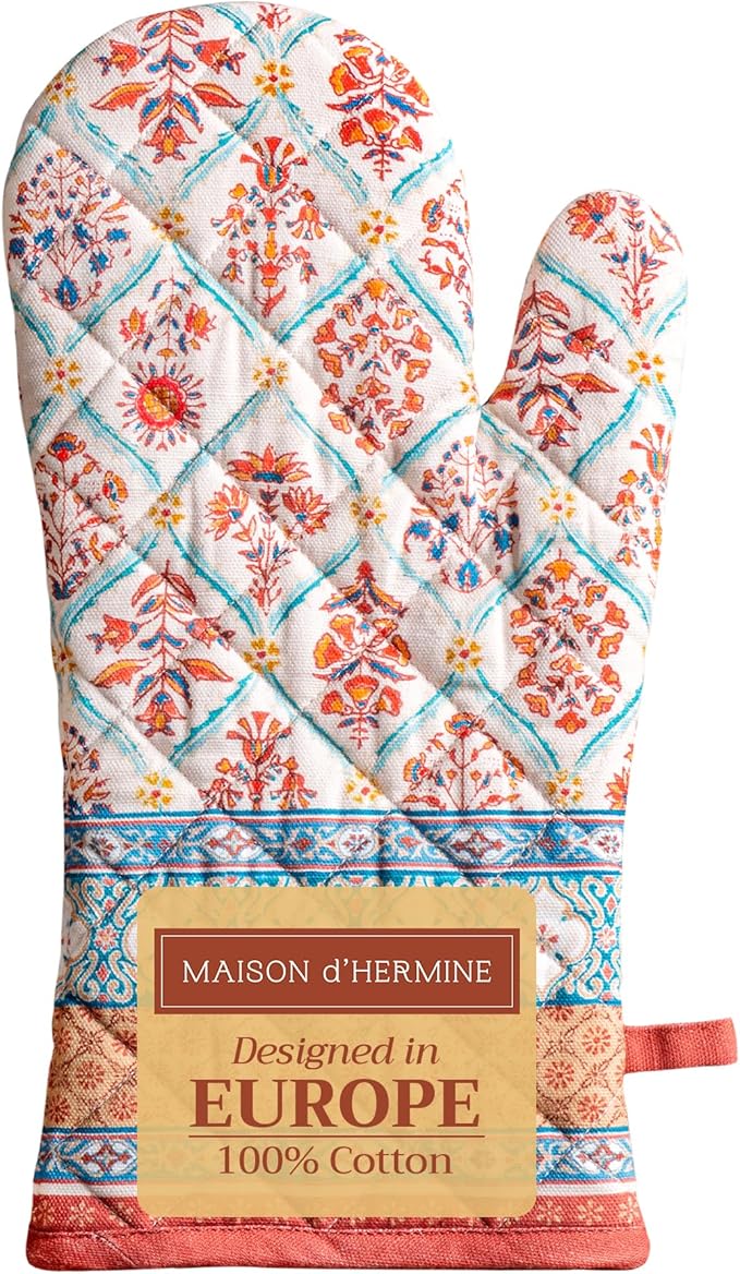 Maison d' Hermine Oven Gloves 100% Cotton Oven Mitt 7" x 13" with Loop Heat Resistant, BBQ, Cooking Gloves, Baking, Grilling, Kitchen, Handling Hot Pans (Pack of 1, Romane)