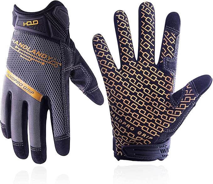 HANDLANDY Mens Work Gloves Touch screen, Utility Mechanic Gloves, Flexible Breathable Fit- Padded Knuckles & Palm