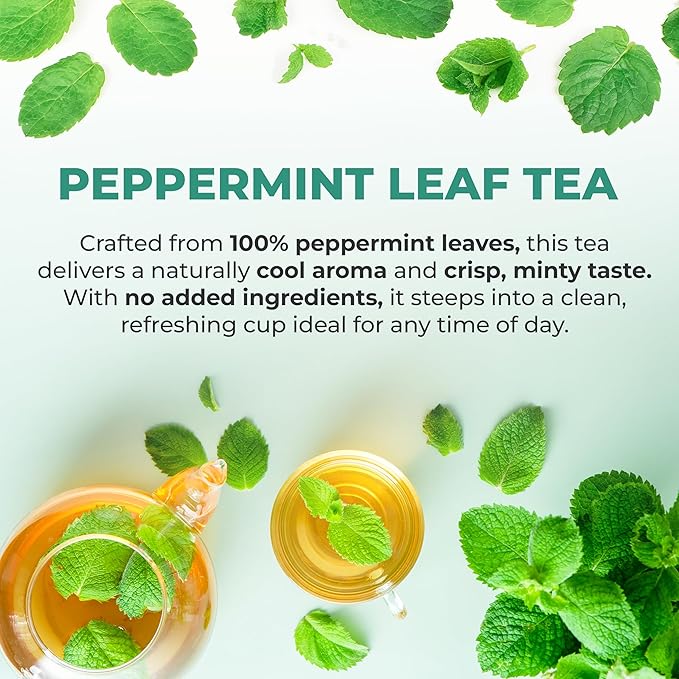 LeafLea 40 Peppermint Tea Bags, Natural Peppermint Leaf Herbal Tea with Cool Taste, Te De Menta for Gentle Digestive Support, Te De Hierba Buena, Caffeine-Free, Sugar-Free, Vegan, Individually Wrapped