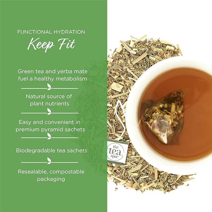 The Tea Spot Organic Keep Fit Green Tea with Yerba Mate and Matcha for Metabolic Support | Blend of Green Tea, Matcha, Yerba Mate, Rooibos, Lemongrass and Lemon Flavor | Caffeine-Free 15 Tea Bags