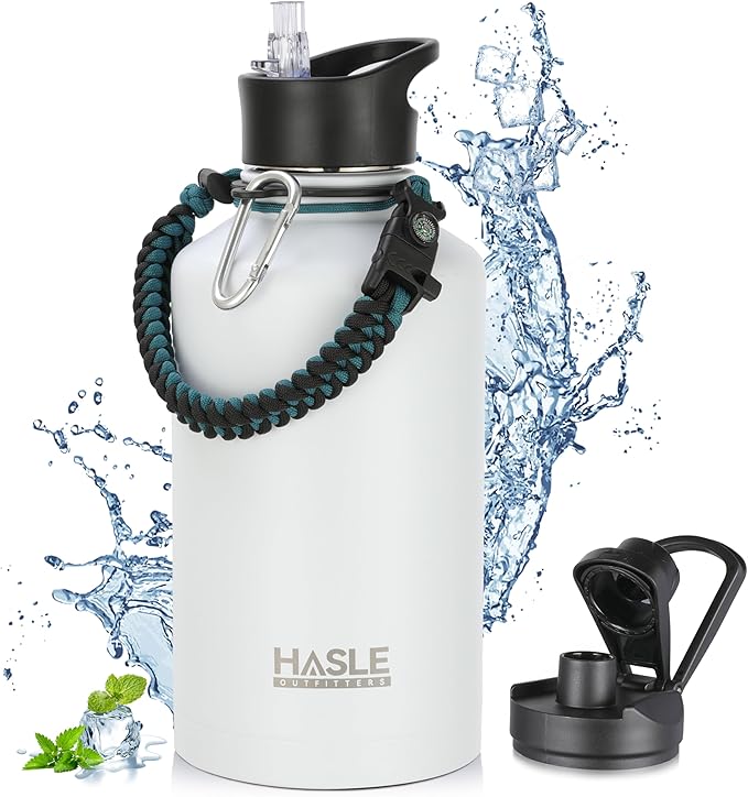 HASLE OUTFITTERS Half Gallon Insulated Water Bottles 64 oz, Stainless Steel Metal Water Jug with 2 Lids Keep Cold 48h/Hot 24h, Leak Proof & BPA-Free Water Flask Jug(White,1)