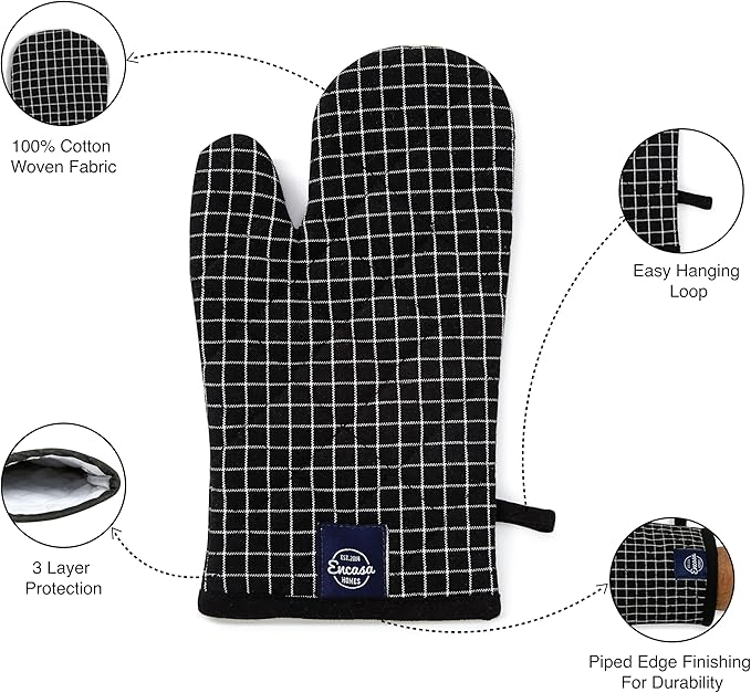 Encasa Homes Long 12" Oven Microwave Hand Gloves Mitts (2 pc Set) for Kitchen Cooking & Baking - Heat Resistant, Thick & Safe, Protection of Hands from Hot Utensils - Butcher Checks Black
