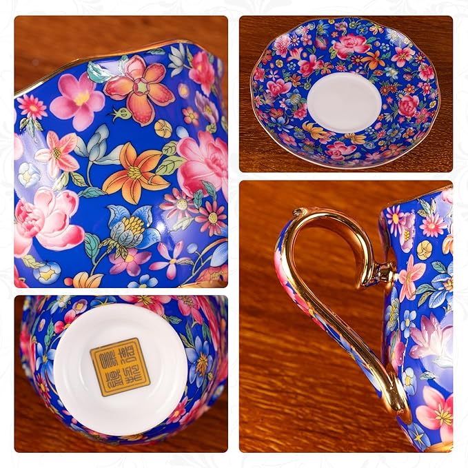 KAMMAK Tea Cups and Saucers Set of 2, Porcelain Coffee Cups with Saucer for Espresso, Cappuccino, 6.3oz Vintage Gold and Blue Ceramic Demitasse Mug for Home, Tea Party, Office