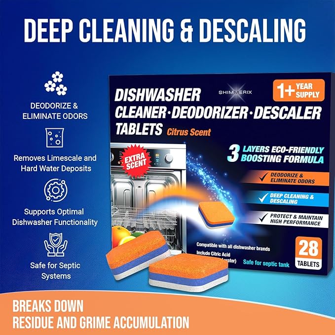 Dishwasher Cleaner Deodorizer Descaler Tablets - 56 Tabs - 1 Plus Year Supply - Extra Scented Deep Cleaning Sanitizer Pods - Remove Hard Water - Contain Citric Acid Heavy Duty Septic Safe - Citrus