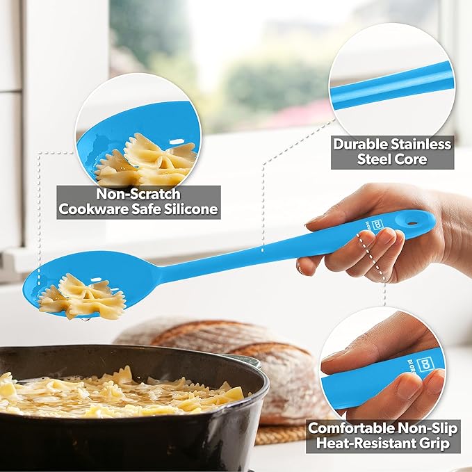 DI ORO Silicone Mixing & Serving Spoons - Large Heat-Resistant Non Stick Utensils Big Solid & Slotted Basting Spoons - Dishwasher Safe (2pc, Blue)