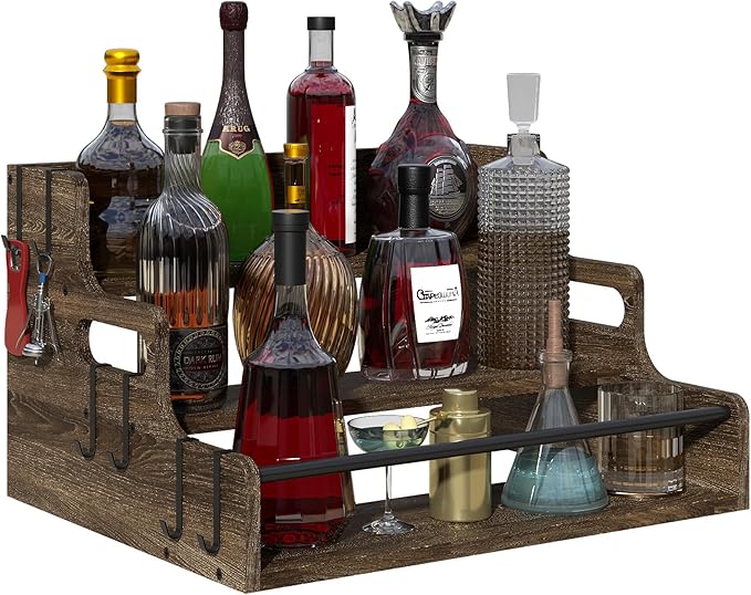3-Tier Liquor Bottle Display Shelf, Bar Stand for Whiskey, Spirits, Coffee Syrup Rack Organizer, Countertop Wine Rack for Home, Mini Coffee Bar, Small Liquor Cabinet and Kitchen Dark Brown