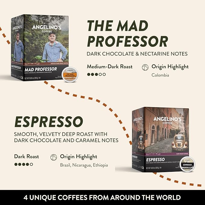 Angelino's Coffee Reserve Collection Coffee Pods Variety Pack, Medium & Dark Roast Coffee K Cups Compatible, 96 Count for Keurig Brewers, Includes Breakfast in Antigua, Hawaiian Hula, Mad Professor, and Espresso