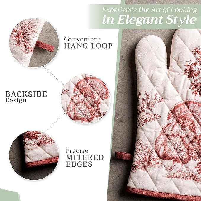 Maison d' Hermine 100% Cotton Oven Mitt & Pot Holder Set (7.5"x13" & 8"x8") Heat Resistant BBQ Cooking Gloves with Loop, Baking, Grilling, Kitchen, Handling Hot Pans (Holy Jouy - Brown)