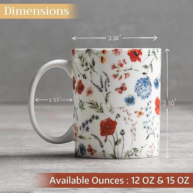 Maison d' Hermine Coffee Mug with Handles Fine Bone China Mugs Pack of Two Tea Cups for Hot Beverages Cappuccino Latte Home Restaurant Office Perfect for Gift (Just Floral, 15 Ounce)