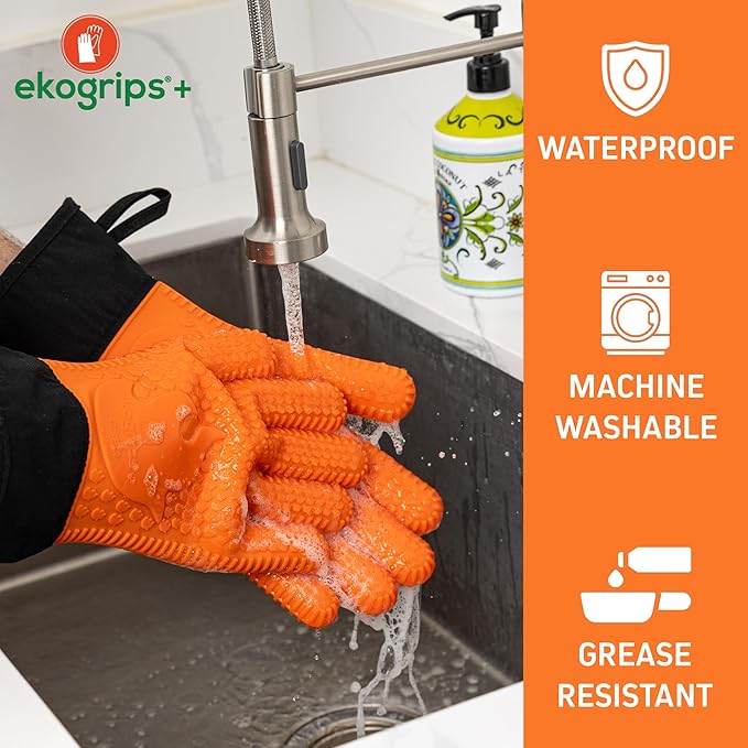 Ekogrips Plus Oven Gloves with Fingers, Comfy Waterproof Silicone Oven Mitts Heat Resistant with Long Cuff, Insulated BBQ Gloves Perfect for Grilling, Baking, Smoker, Canning, and Pizza, Red, OSFM