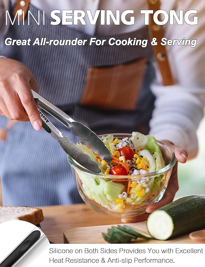 Anaeat 7" Mini Cooking Tong Stainless Steel - Sturdy Coiled Spring Locking Kitchen Food Tong with Non-Slip Silicone Grip for Serving, Cooking, Baking - Heat Resistant up to 480°F (Black)
