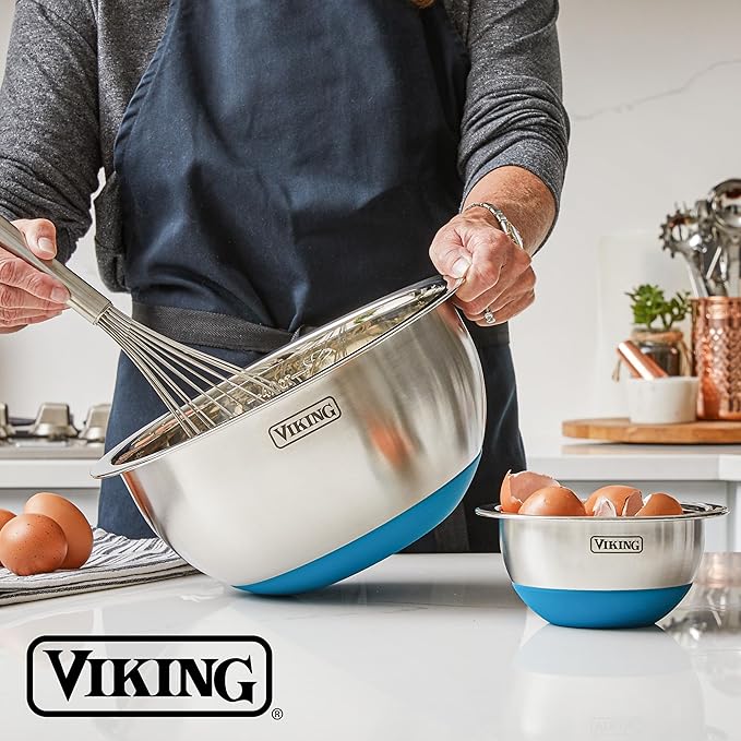 Viking Mixing Bowls Set, 10 Piece Stainless Steel Kitchen Cookware, Non-Slip Silicone Base, Includes Airtight Lids, Dishwasher Safe, Blue
