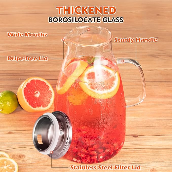 Aofmee 100 Oz Glass Pitcher, 3L Water Pitcher with Lid, Iced Tea Jar with 304 Stainless Steel Lid and Spout, Heat Resistant Jug for Sun Tea, Water Carafe for Cold or Hot Beverage Serveware Juice