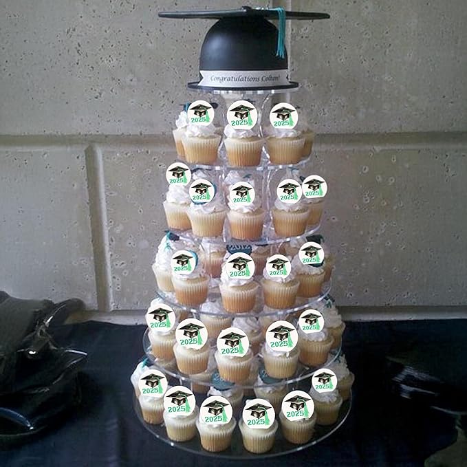 Gyufise 48Pcs Edible 2025 Graduation Theme Cupcake Toppers Wafer Paper Graduation Hat Graduate Cupcake Picks Green