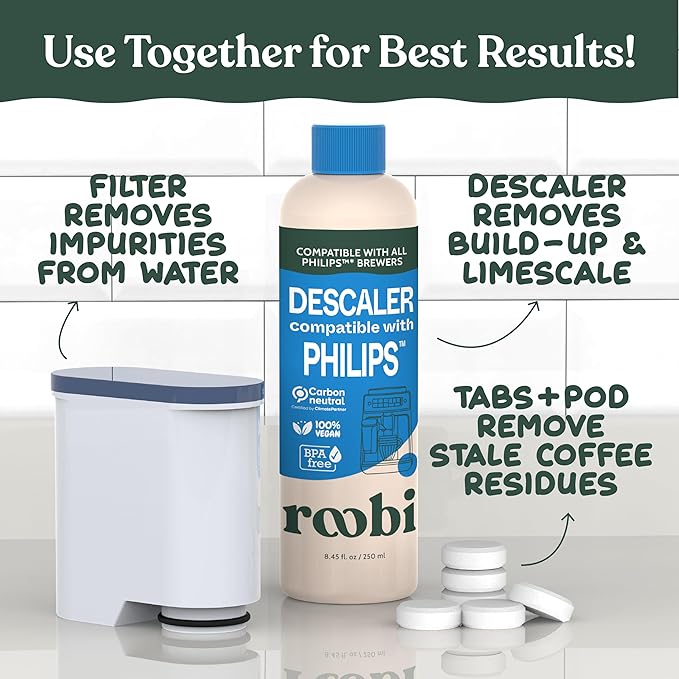 Roobi Philips Compatible Descaling Solution & Cleaner. Specially Formulated for Philips Espresso Machines. Carbon Neutral Descaler Kit. 2 Uses per Bottle, 2 Pack
