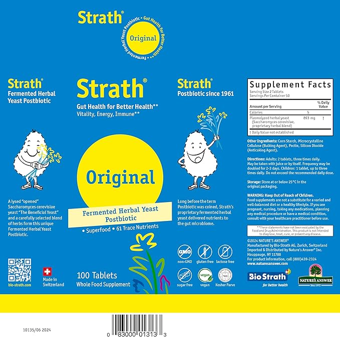 Strath Nutritional Yeast Tablets - Vegetarian, Lactose Free, Artificial Additive Free - Digestive Support, Nutrient Absorption - Unflavored Daily Supplement - Prebiotic and Postbiotic