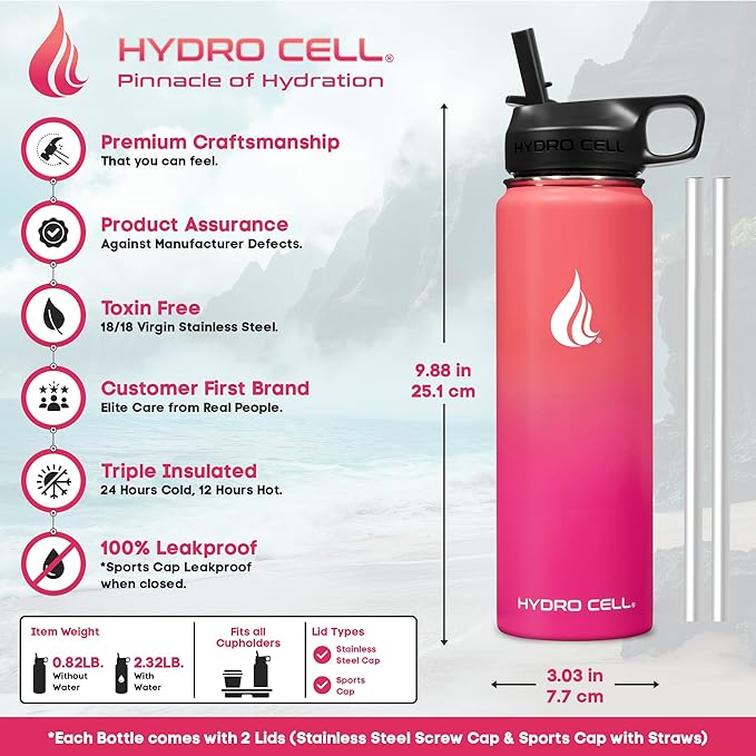 HYDRO CELL Stainless Steel Insulated Water Bottle with Straw - For Cold & Hot Drinks - Metal Vacuum Flask with Screw Cap and Modern Leakproof Sport Thermos for Adults (Coral/Punch 24oz)