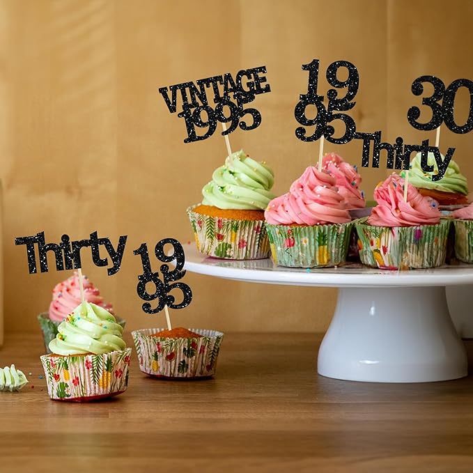 Gyufise 24Pcs Vintage 1995 Cupcake Toppers Cheers to 30 Fabulous Thirty Cupcake Picks Decorations for 30th Birthday Wedding Anniversary Party Supplies Black