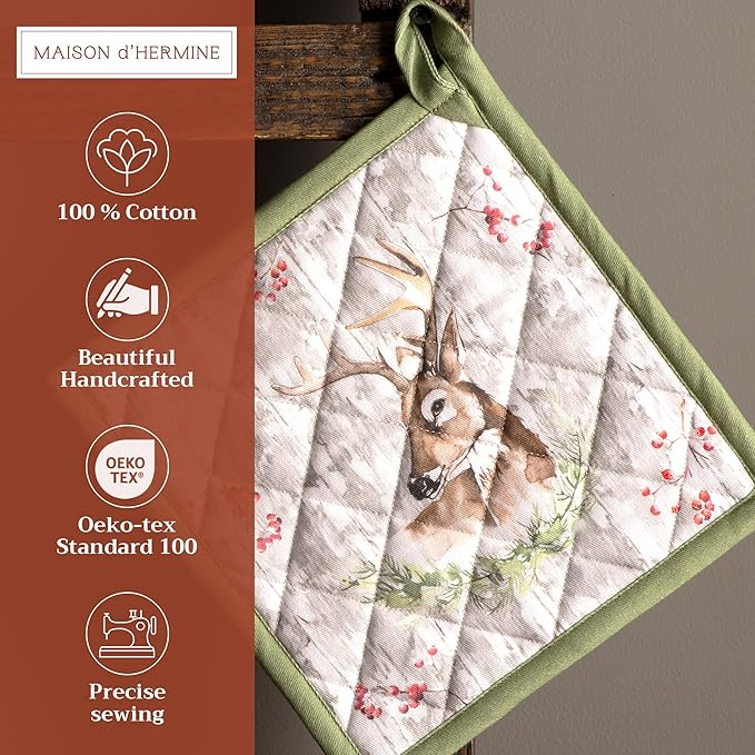 Maison d' Hermine Pot Holders Set 100% Cotton Heat Resistant Potholders 8" x 8" Hot Pads with Loop BBQ, Cooking, Baking, Grilling, Kitchen, Handling Hot Pans (Pack of 2, Mountain Life)
