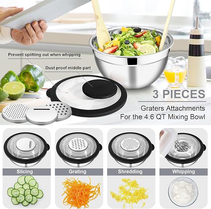 E-far Mixing Bowls with Lids and Graters, Stainless Steel Salad Mixing Bowl with Transparent Lid Set of 3, Metal Nesting Salad Storage for Kitchen Prepping/Serving/Baking, 4.6/2.6/1.5QT - Black